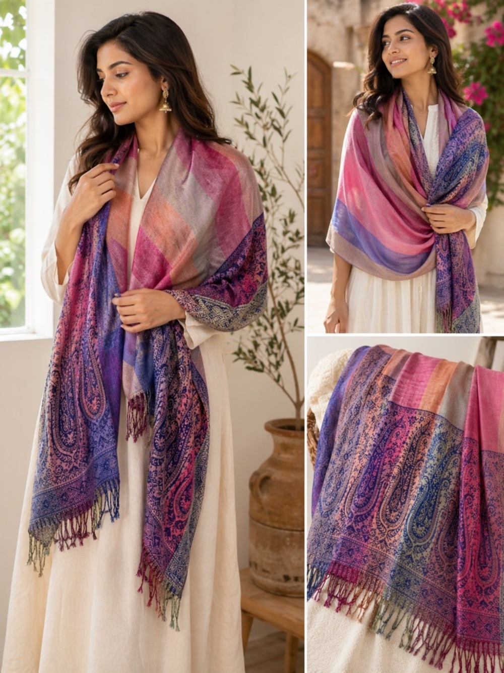 Pashmina Silk Blend Paisley Shawl Scarf Fringe Multicolor Wrap
